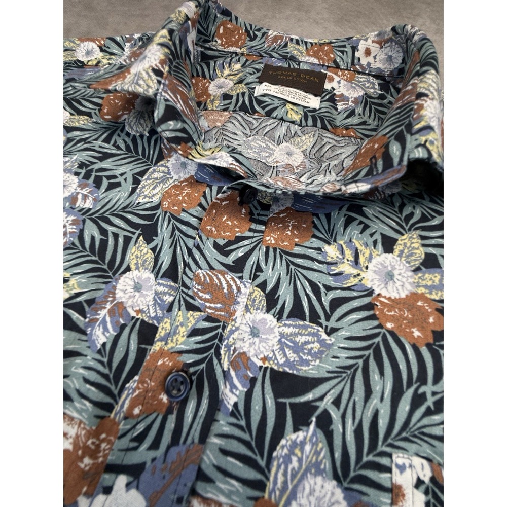 Thomas Dean Collection Mens XXL Blue Floral Stretch Short Sleeve Button Up Shirt - Picture 6 of 9